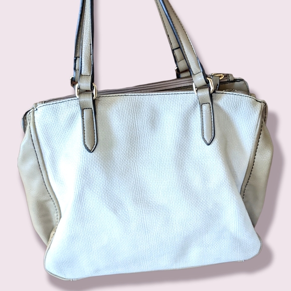 Benetton classic linen style vegan leather hand bag cream and brown medium 14" - Picture 2 of 10